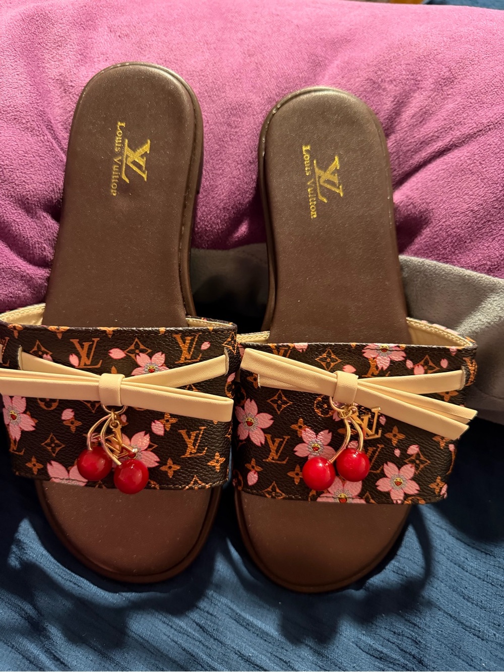 Brown Cherry Monogram Slide Sandals